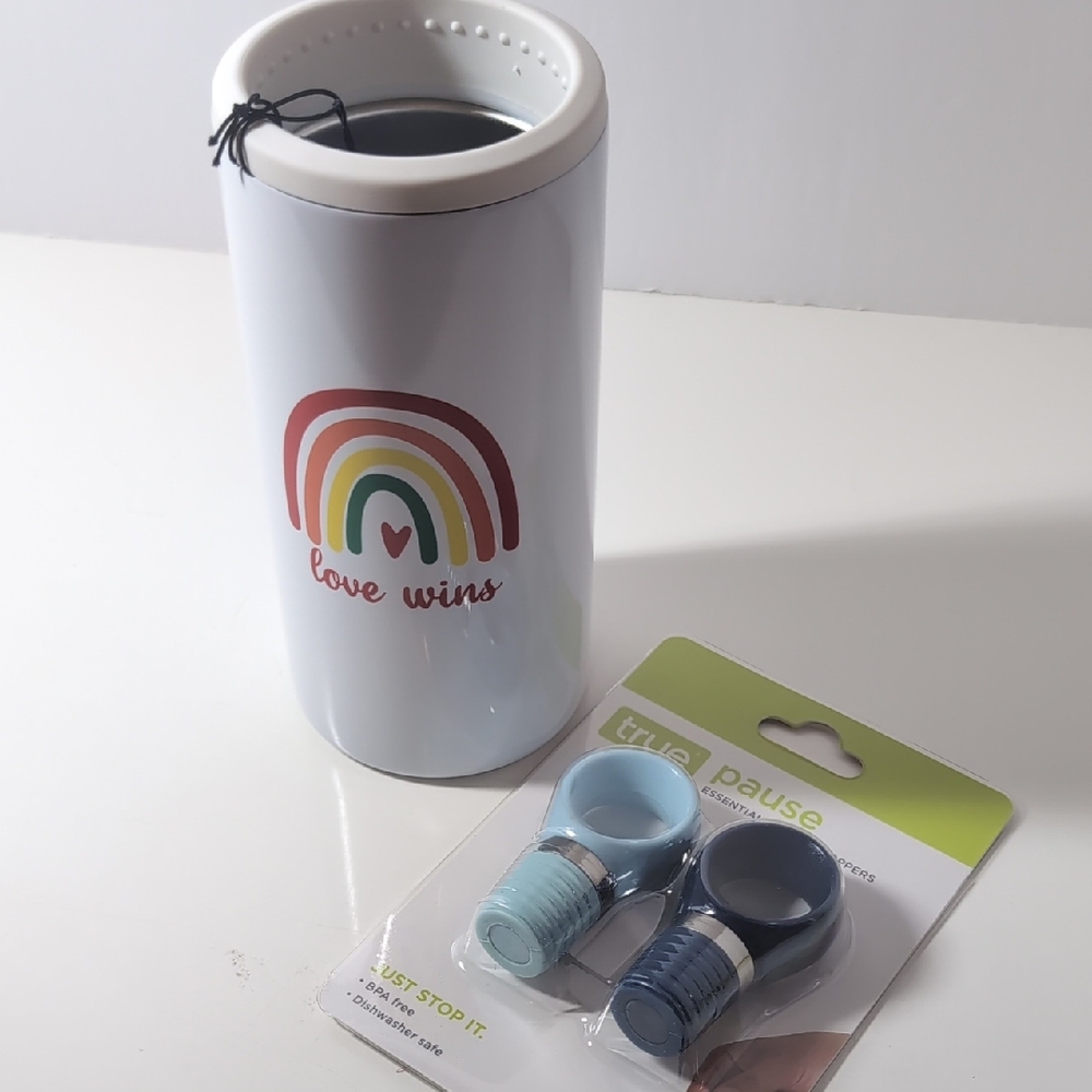 Love Wins Insulated Slim Can Cooler 12 Fl Oz w/True Pause Bottle Stoppers